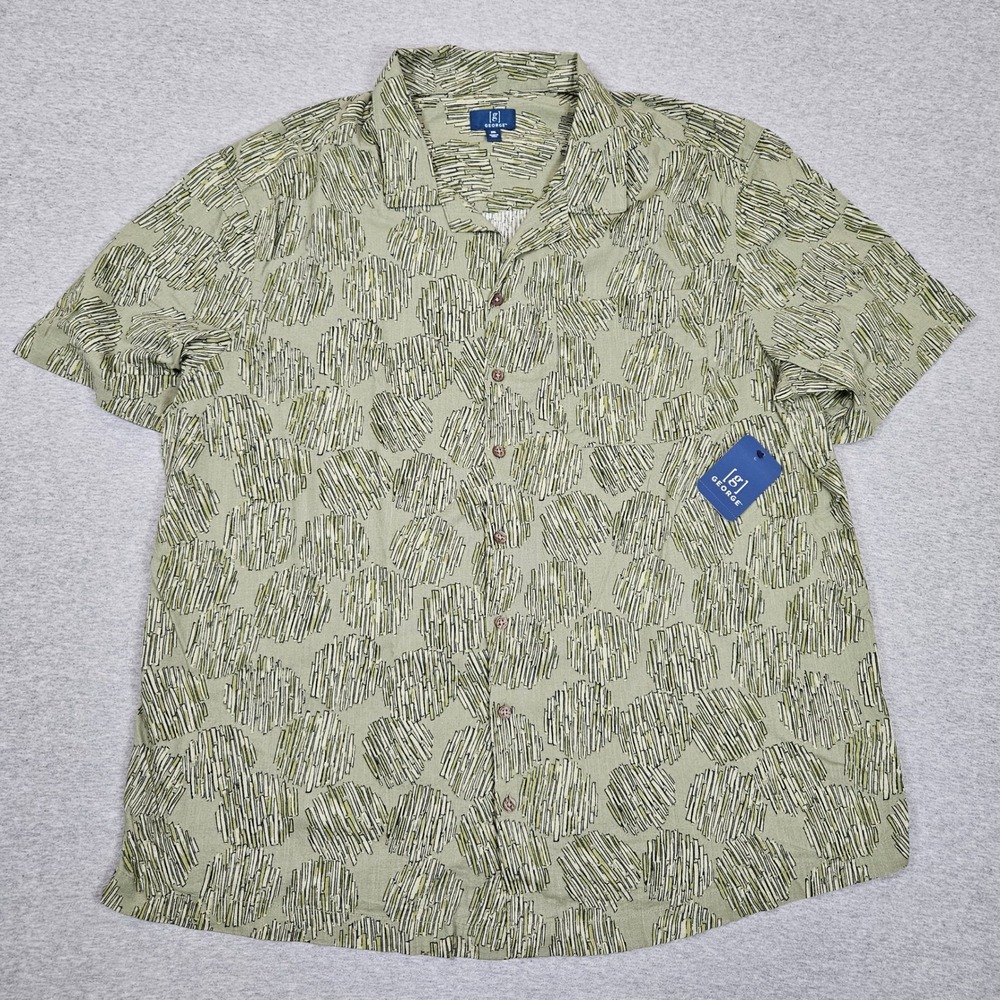 George Mens Washed Olive Abstract Print Cotton Linen Camp Shirt 2XL NEW